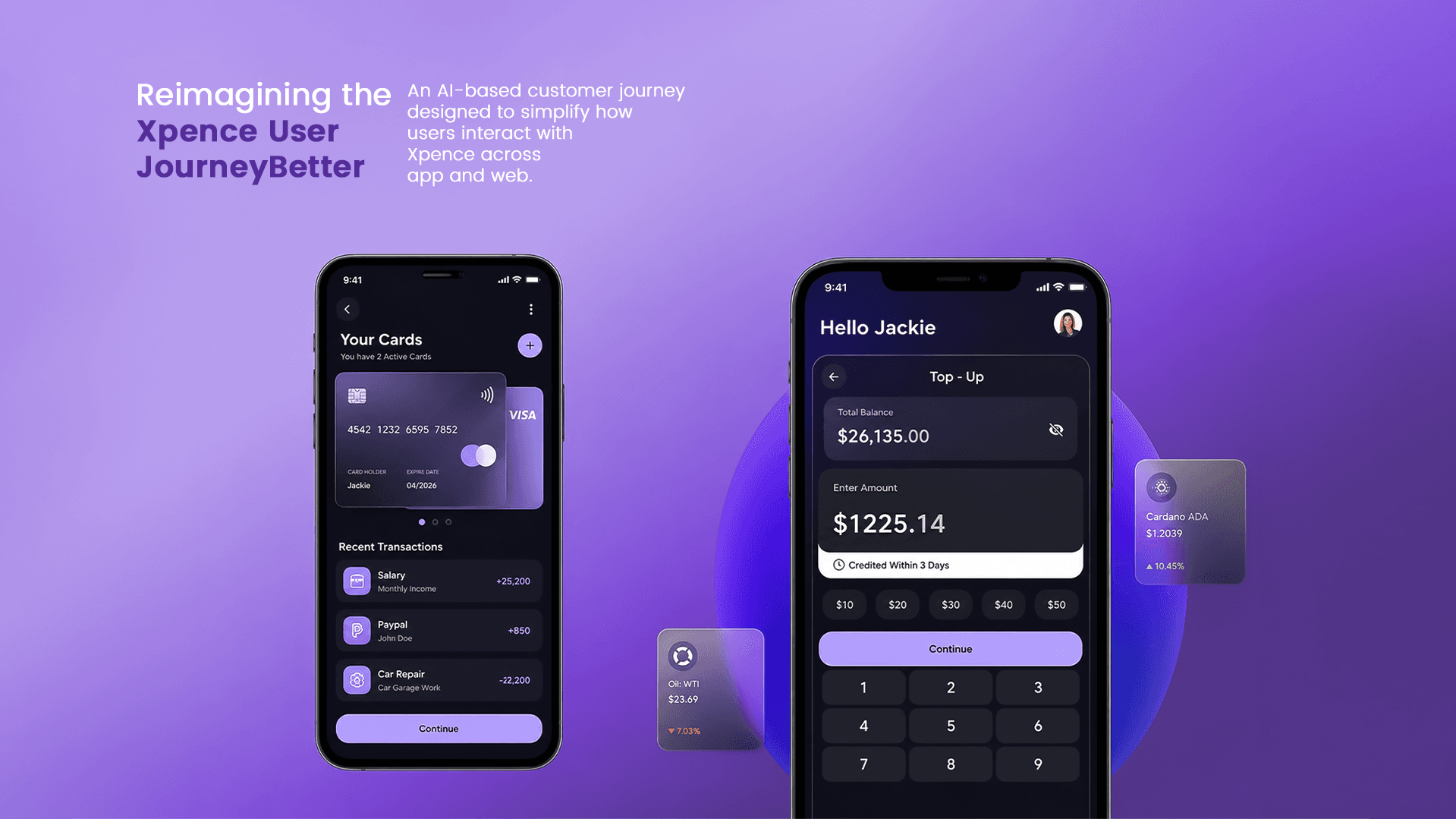 Xpence mobile app UI — cards and top-up flow