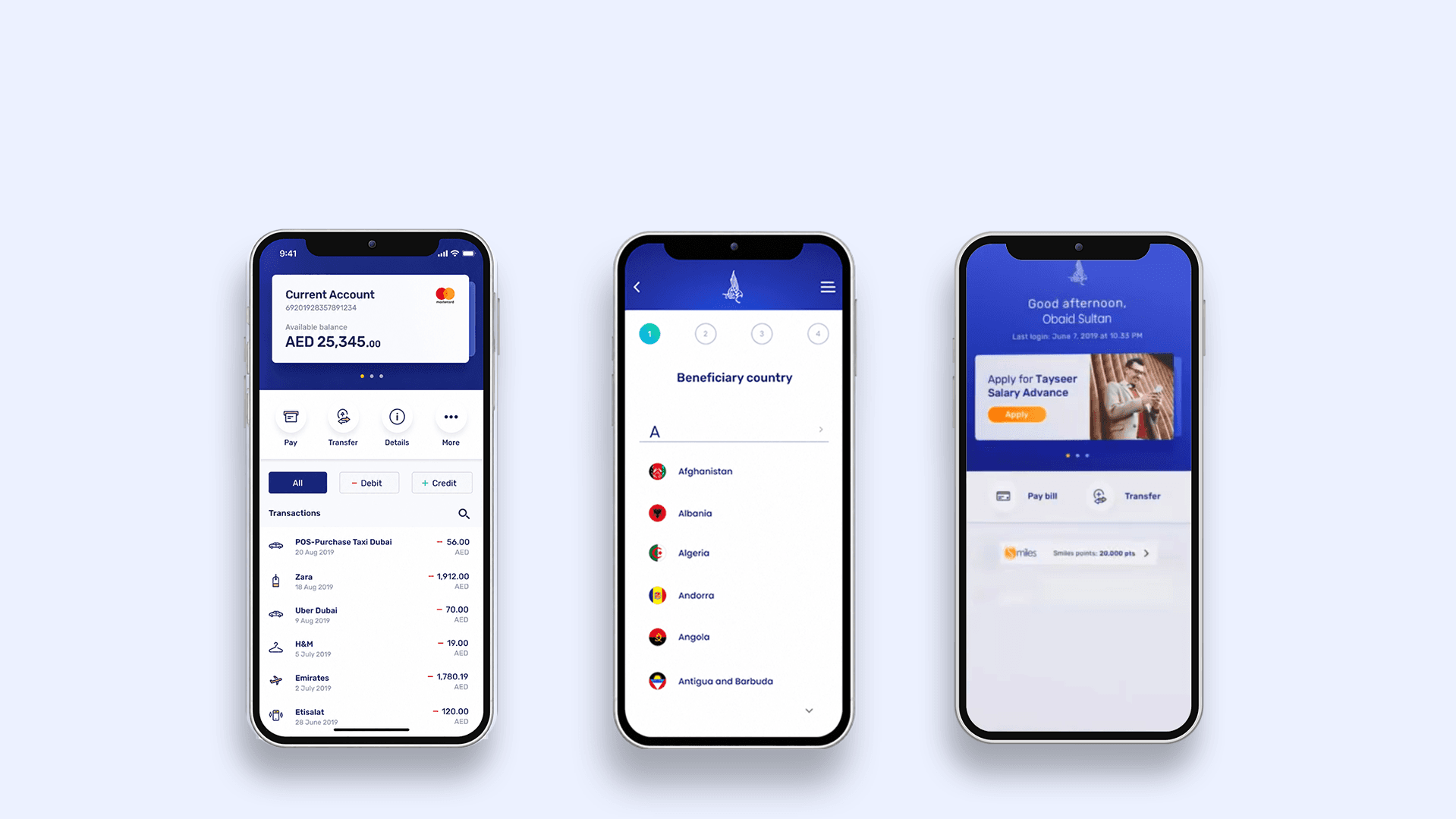 SIB UI Design — three app screens